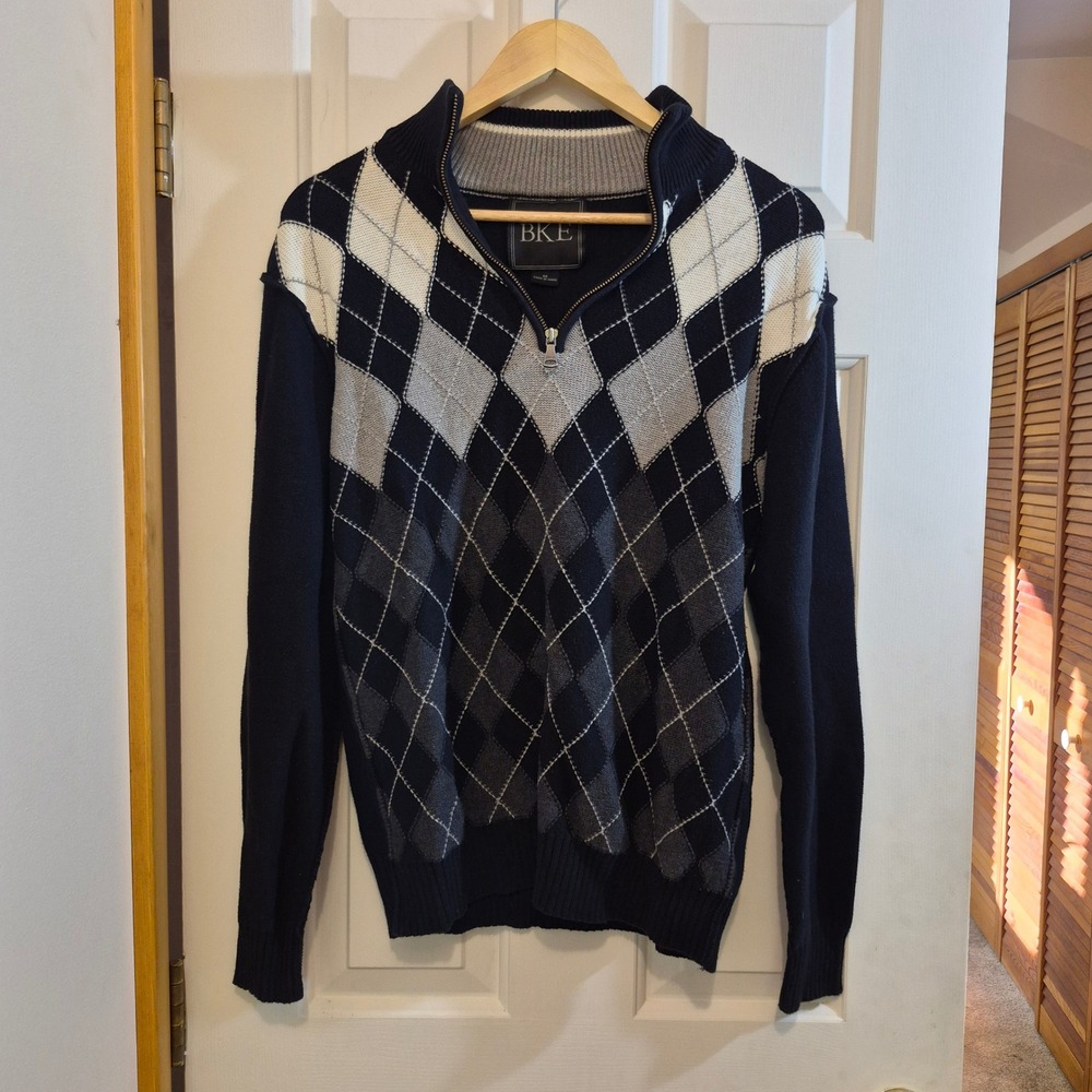BKE Mens Quarter Zip Argyle Sweater Black Grey Mock Neck Cotton Blend Medium